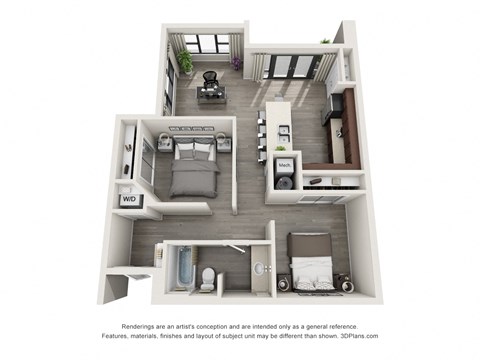 A 3D floor plan of a small apartment with a kitchen, living room, and bedroom.